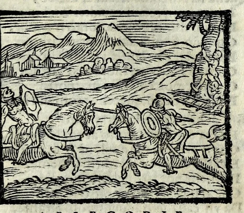An illustration from Orlando fvrioso di M. Lodovico Ariosto : con gli argomenti in ottaua rima di M. Lodouico Dolce ; et con l'allegorie à ciascun canto di Thomaso Porcacchi da Castiglione Aretino, diligentemente corretto, & di nuoue figure adornato, 1600, leaf 437