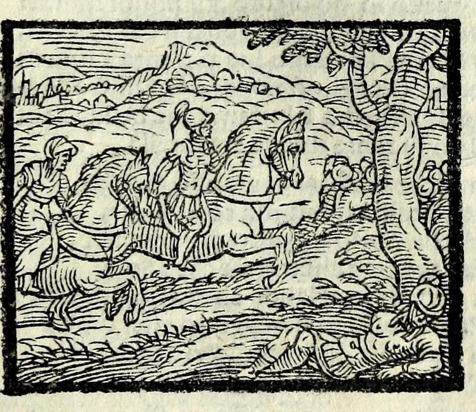 An illustration from Orlando fvrioso di M. Lodovico Ariosto : con gli argomenti in ottaua rima di M. Lodouico Dolce ; et con l'allegorie à ciascun canto di Thomaso Porcacchi da Castiglione Aretino, diligentemente corretto, & di nuoue figure adornato, 1600, leaf 453