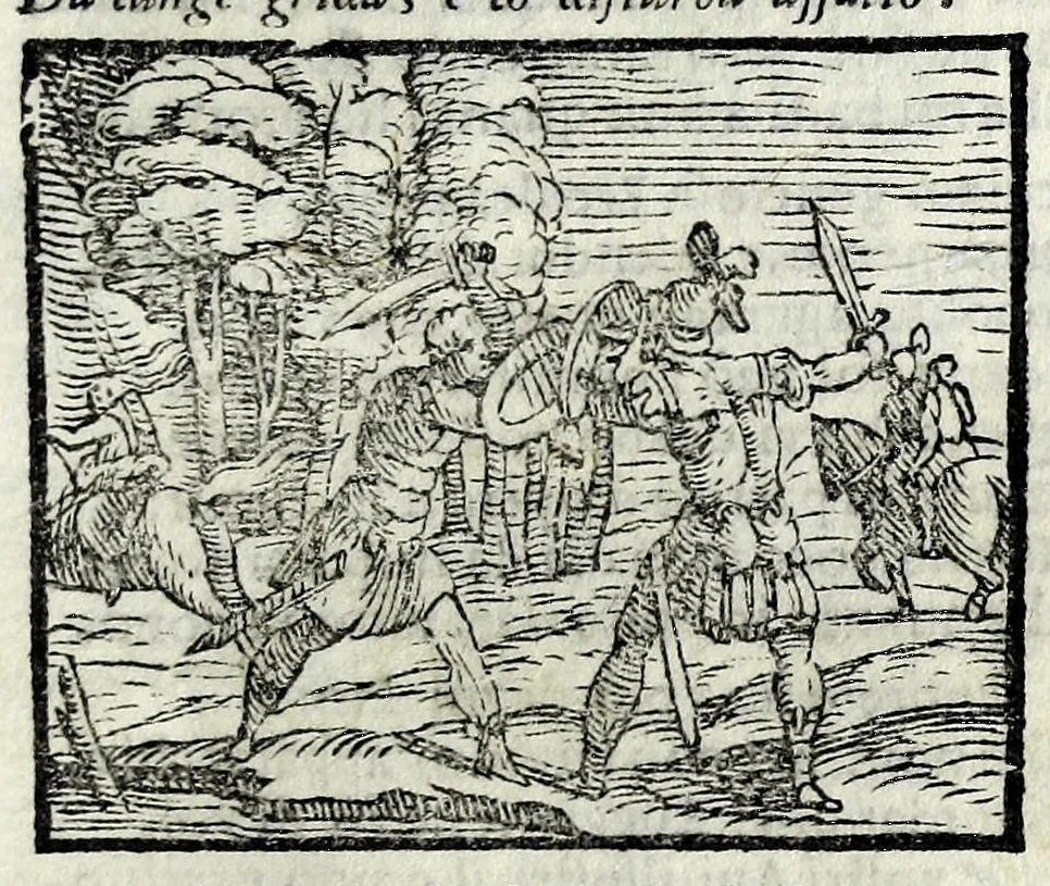 An illustration from Orlando fvrioso di M. Lodovico Ariosto : con gli argomenti in ottaua rima di M. Lodouico Dolce ; et con l'allegorie à ciascun canto di Thomaso Porcacchi da Castiglione Aretino, diligentemente corretto, & di nuoue figure adornato, 1600, leaf 5