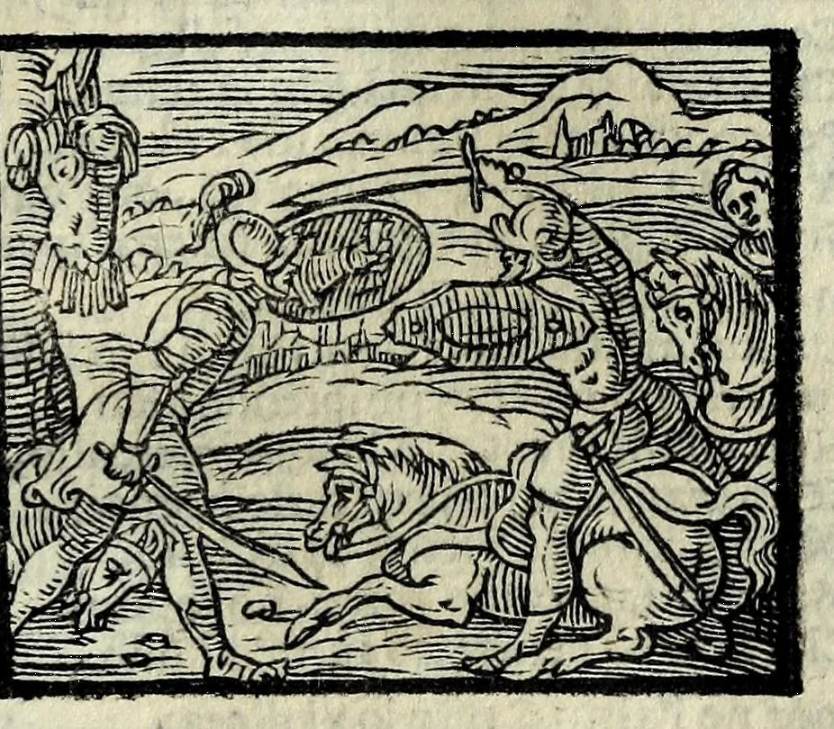 An illustration from Orlando fvrioso di M. Lodovico Ariosto : con gli argomenti in ottaua rima di M. Lodouico Dolce ; et con l'allegorie à ciascun canto di Thomaso Porcacchi da Castiglione Aretino, diligentemente corretto, & di nuoue figure adornato, 1600, leaf 503