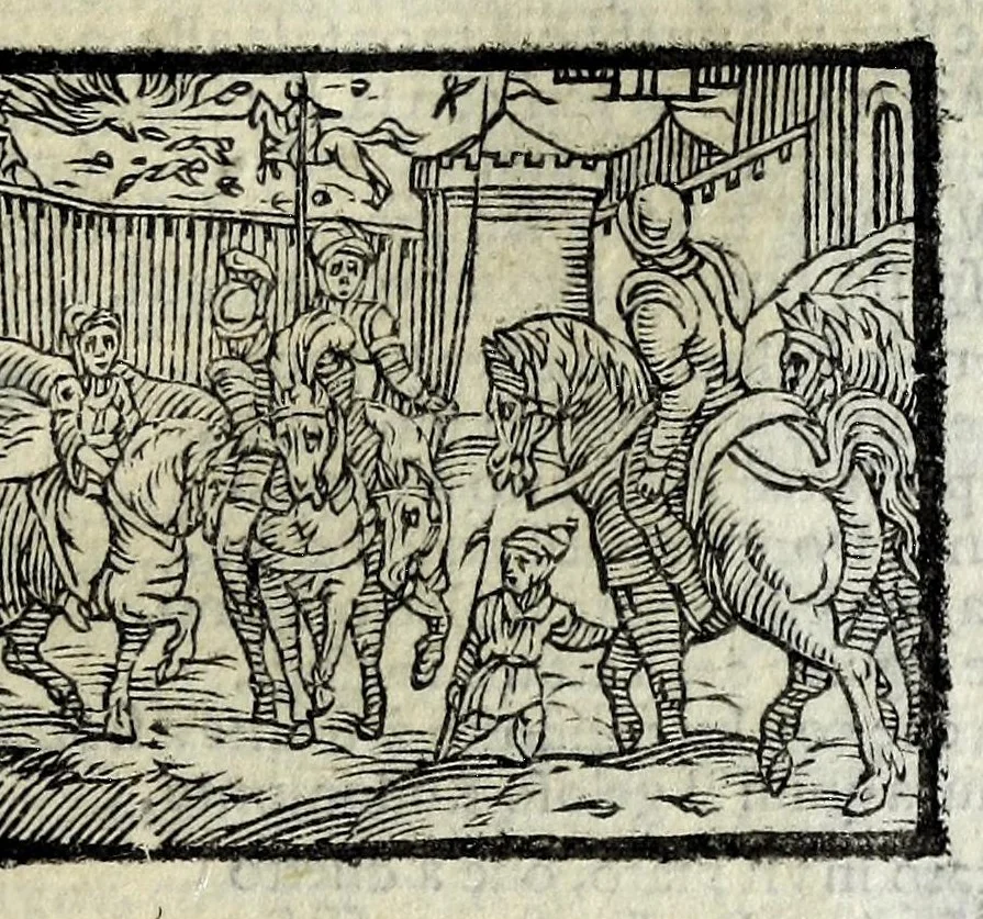 An illustration from Orlando fvrioso di M. Lodovico Ariosto : con gli argomenti in ottaua rima di M. Lodouico Dolce ; et con l'allegorie à ciascun canto di Thomaso Porcacchi da Castiglione Aretino, diligentemente corretto, & di nuoue figure adornato, 1600, leaf 527