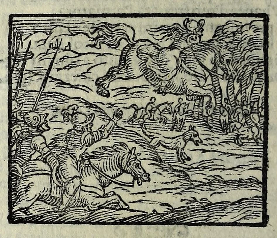 An illustration from Orlando fvrioso di M. Lodovico Ariosto : con gli argomenti in ottaua rima di M. Lodouico Dolce ; et con l'allegorie à ciascun canto di Thomaso Porcacchi da Castiglione Aretino, diligentemente corretto, & di nuoue figure adornato, 1600, leaf 548