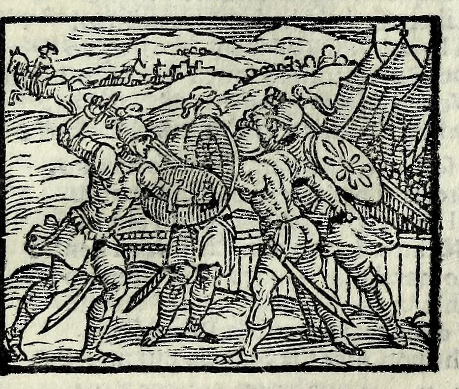 An illustration from Orlando fvrioso di M. Lodovico Ariosto : con gli argomenti in ottaua rima di M. Lodouico Dolce ; et con l'allegorie à ciascun canto di Thomaso Porcacchi da Castiglione Aretino, diligentemente corretto, & di nuoue figure adornato, 1600, leaf 577