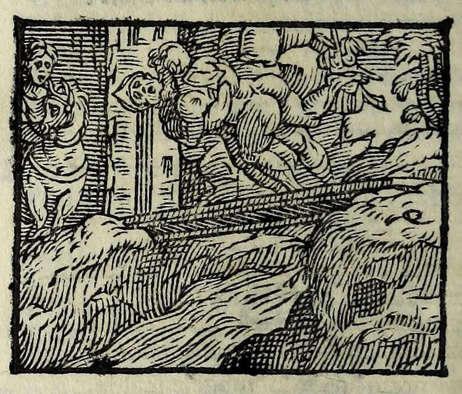 An illustration from Orlando fvrioso di M. Lodovico Ariosto : con gli argomenti in ottaua rima di M. Lodouico Dolce ; et con l'allegorie à ciascun canto di Thomaso Porcacchi da Castiglione Aretino, diligentemente corretto, & di nuoue figure adornato, 1600, leaf 628