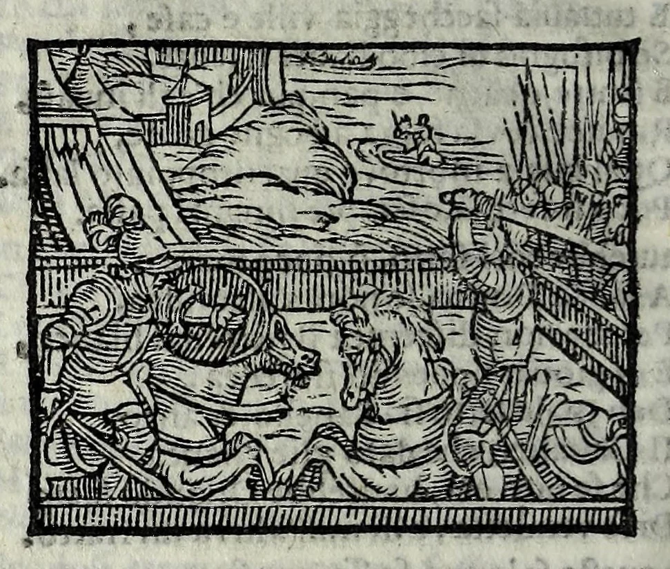 An illustration from Orlando fvrioso di M. Lodovico Ariosto : con gli argomenti in ottaua rima di M. Lodouico Dolce ; et con l'allegorie à ciascun canto di Thomaso Porcacchi da Castiglione Aretino, diligentemente corretto, & di nuoue figure adornato, 1600, leaf 644