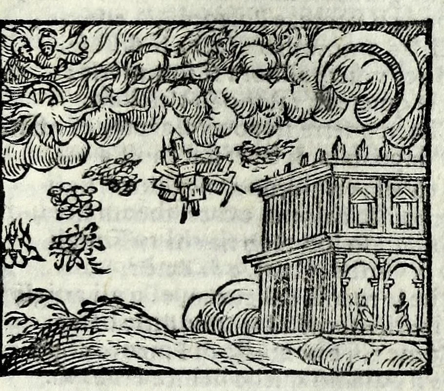 An illustration from Orlando fvrioso di M. Lodovico Ariosto : con gli argomenti in ottaua rima di M. Lodouico Dolce ; et con l'allegorie à ciascun canto di Thomaso Porcacchi da Castiglione Aretino, diligentemente corretto, & di nuoue figure adornato, 1600, leaf 737