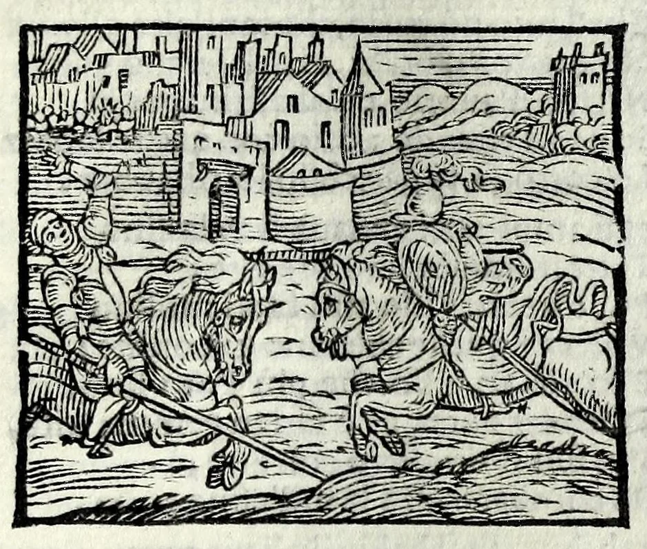 An illustration from Orlando fvrioso di M. Lodovico Ariosto : con gli argomenti in ottaua rima di M. Lodouico Dolce ; et con l'allegorie à ciascun canto di Thomaso Porcacchi da Castiglione Aretino, diligentemente corretto, & di nuoue figure adornato, 1600, leaf 757