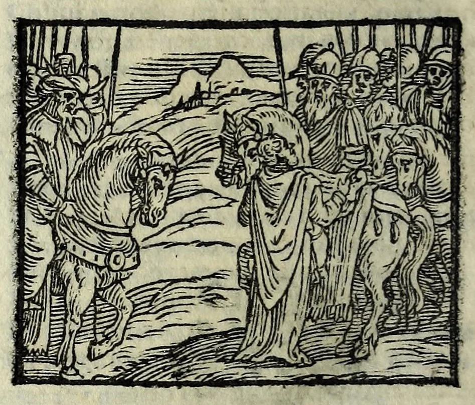 An illustration from Orlando fvrioso di M. Lodovico Ariosto : con gli argomenti in ottaua rima di M. Lodouico Dolce ; et con l'allegorie à ciascun canto di Thomaso Porcacchi da Castiglione Aretino, diligentemente corretto, & di nuoue figure adornato, 1600, leaf 820
