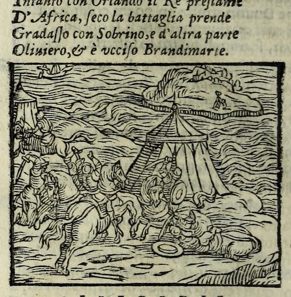 An illustration from Orlando fvrioso di M. Lodovico Ariosto : con gli argomenti in ottaua rima di M. Lodouico Dolce ; et con l'allegorie à ciascun canto di Thomaso Porcacchi da Castiglione Aretino, diligentemente corretto, & di nuoue figure adornato, 1600, leaf 876