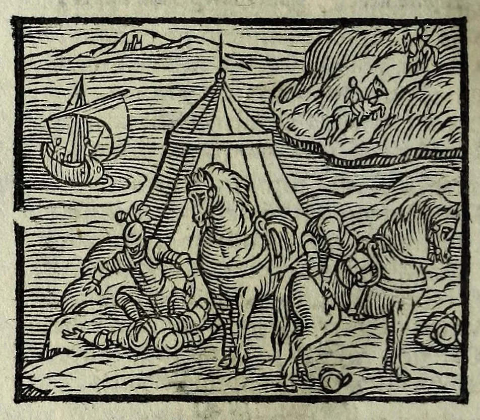 An illustration from Orlando fvrioso di M. Lodovico Ariosto : con gli argomenti in ottaua rima di M. Lodouico Dolce ; et con l'allegorie à ciascun canto di Thomaso Porcacchi da Castiglione Aretino, diligentemente corretto, & di nuoue figure adornato, 1600, leaf 898