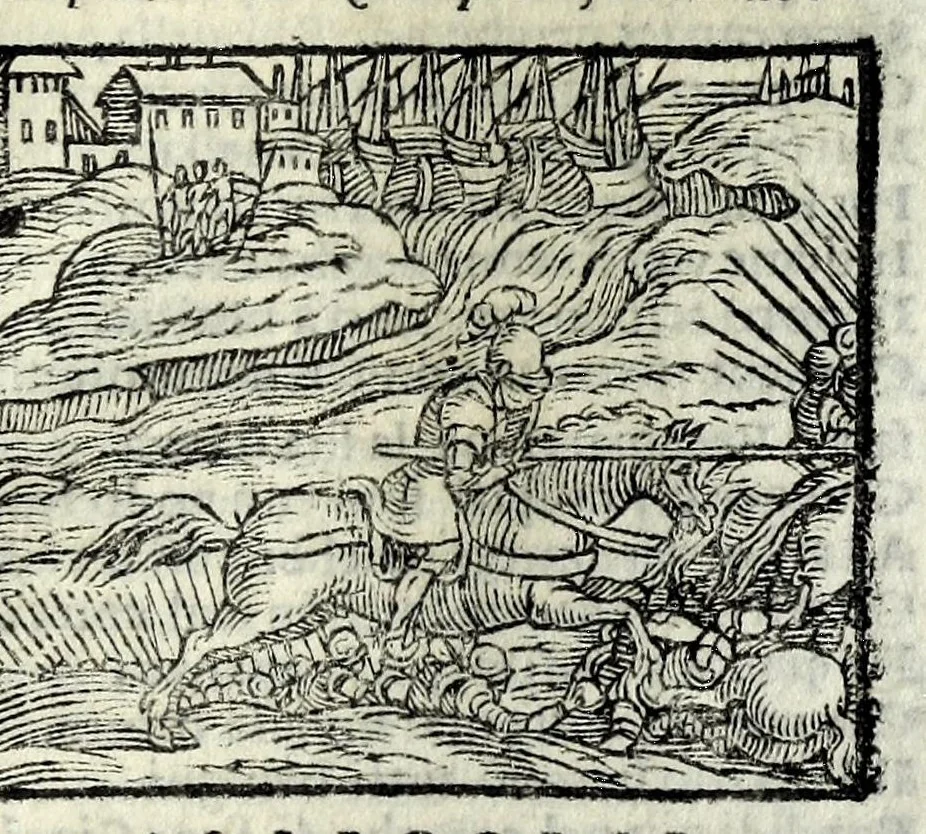 An illustration from Orlando fvrioso di M. Lodovico Ariosto : con gli argomenti in ottaua rima di M. Lodouico Dolce ; et con l'allegorie à ciascun canto di Thomaso Porcacchi da Castiglione Aretino, diligentemente corretto, & di nuoue figure adornato, 1600, leaf 961