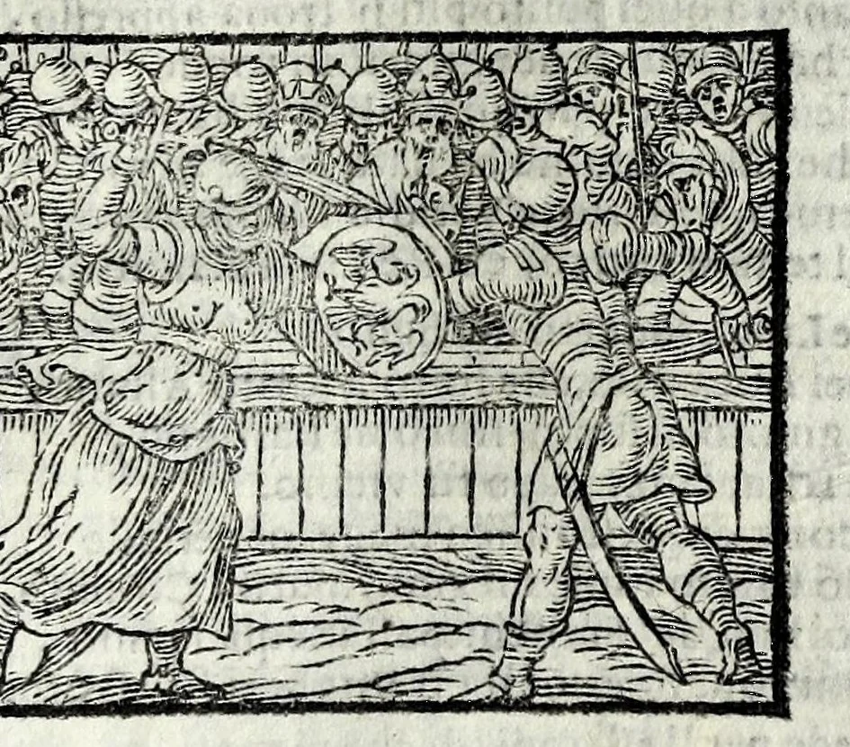 An illustration from Orlando fvrioso di M. Lodovico Ariosto : con gli argomenti in ottaua rima di M. Lodouico Dolce ; et con l'allegorie à ciascun canto di Thomaso Porcacchi da Castiglione Aretino, diligentemente corretto, & di nuoue figure adornato, 1600, leaf 983