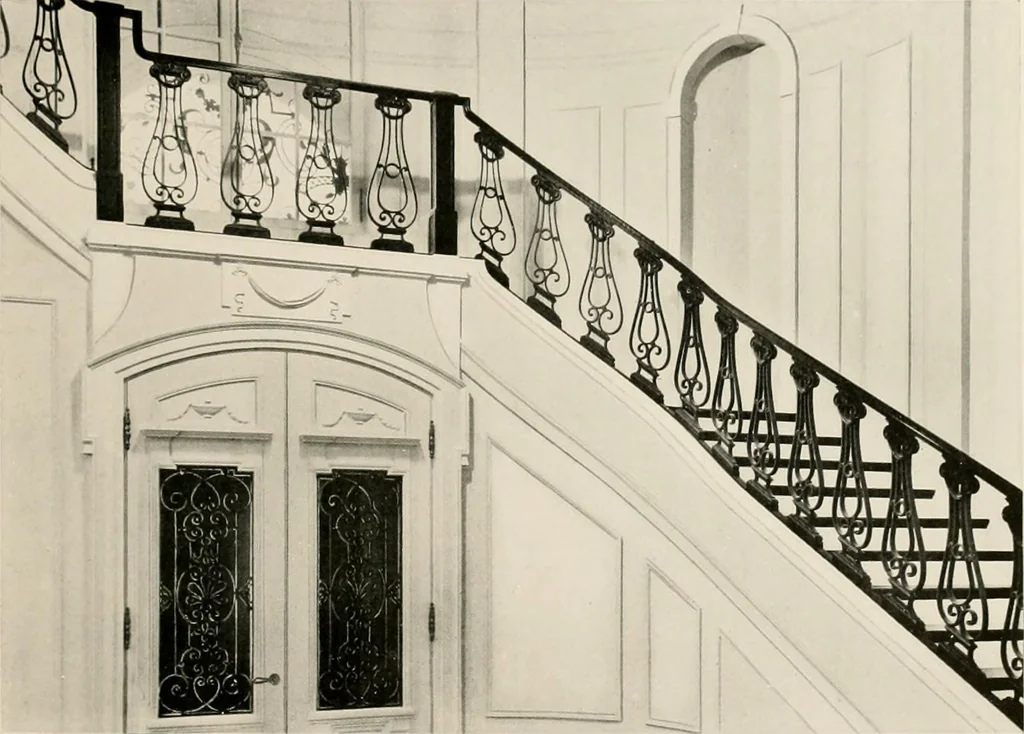 An illustration from Ornamental iron work : stairs, fire-escapes, marquises, gates, railings, grilles, fences., 1915, leaf 14