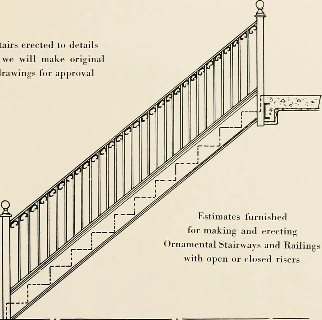An illustration from Ornamental iron work : stairs, fire-escapes, marquises, gates, railings, grilles, fences., 1915, leaf 16