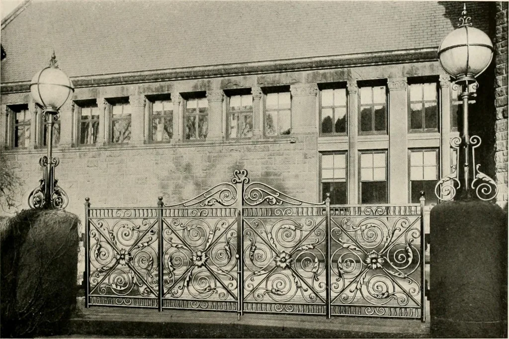 An illustration from Ornamental iron work : stairs, fire-escapes, marquises, gates, railings, grilles, fences., 1915, leaf 32