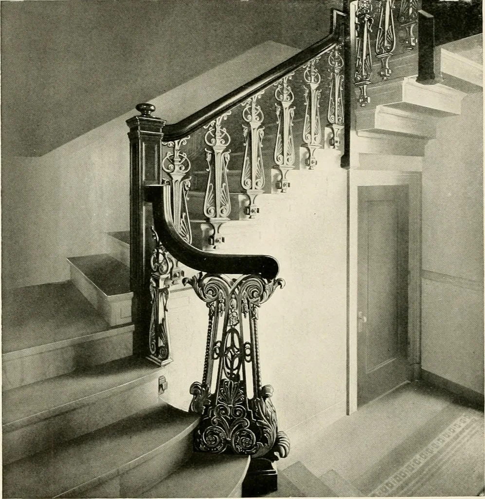 An illustration from Ornamental iron work : stairs, fire-escapes, marquises, gates, railings, grilles, fences., 1915, leaf 9