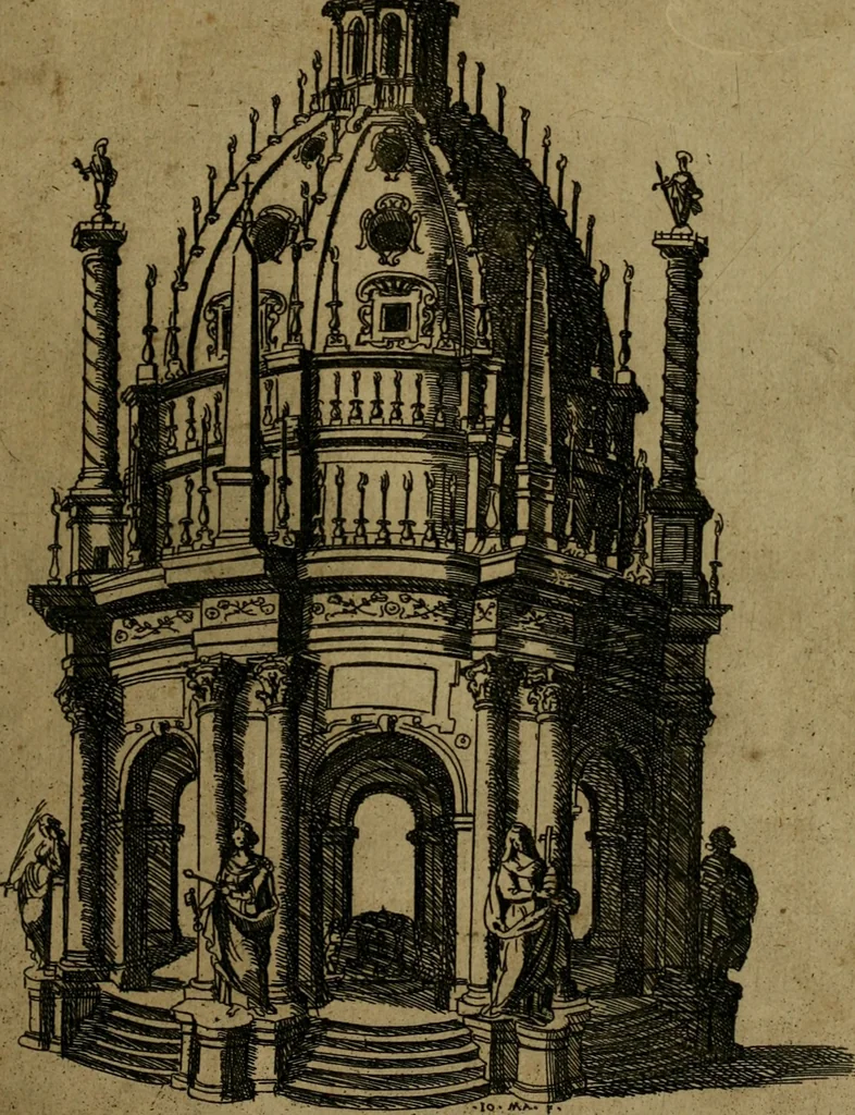 An illustration from Ornamenti di fabriche antiche et moderne dell'alma città di Roma : con le sue dichiarationi fatte da Bartolommeo Rossi fiorentino, 1600, leaf 30
