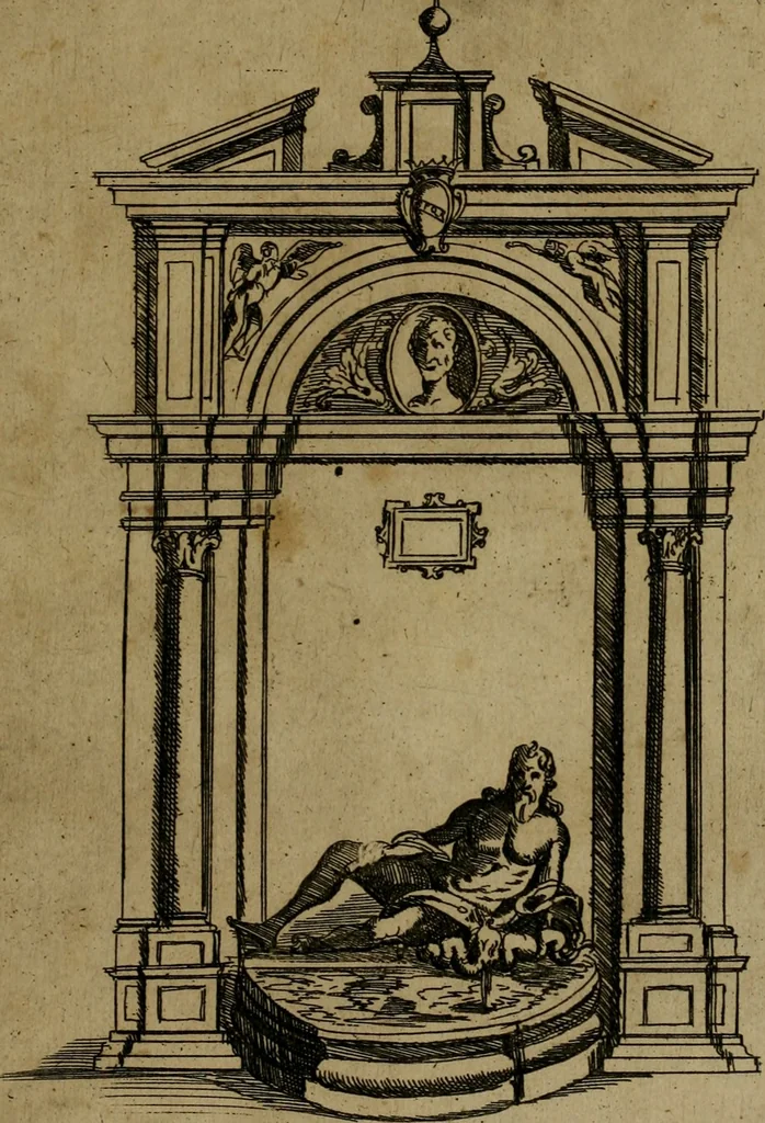 An illustration from Ornamenti di fabriche antiche et moderne dell'alma città di Roma : con le sue dichiarationi fatte da Bartolommeo Rossi fiorentino, 1600, leaf 50