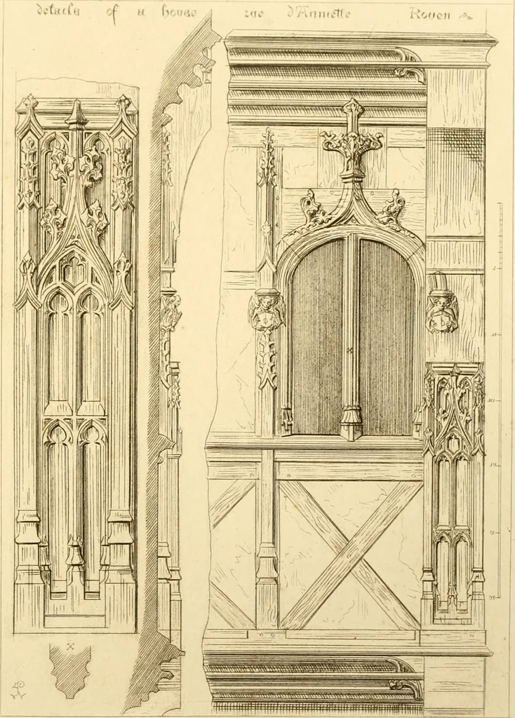 An illustration from Ornaments of the XVth and XVIth centuries. Ancient timber houses at Rouen, Caen, Bauvais, &c., Gothic furniture of the XVth century. Designs for gold & silver ornaments, and designs for iron & brass-work in the style of the XVth & XVIth centuries, 1836, leaf 10