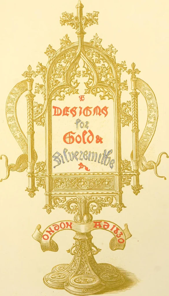 An illustration from Ornaments of the XVth and XVIth centuries. Ancient timber houses at Rouen, Caen, Bauvais, &c., Gothic furniture of the XVth century. Designs for gold & silver ornaments, and designs for iron & brass-work in the style of the XVth & XVIth centuries, 1836, leaf 100