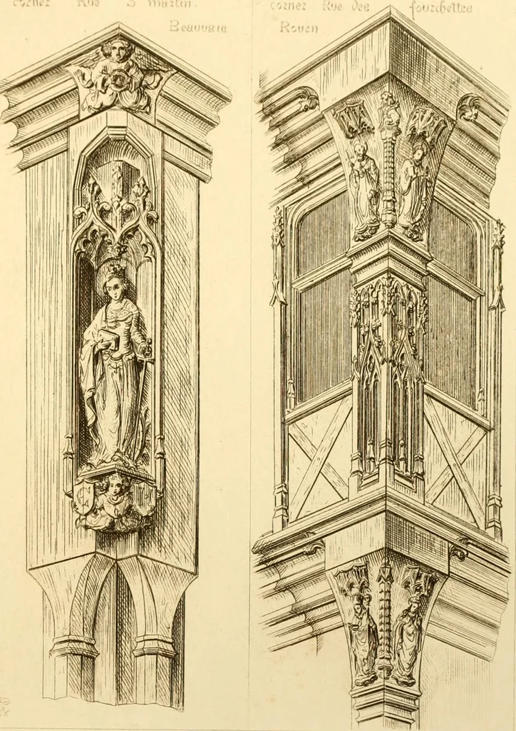 An illustration from Ornaments of the XVth and XVIth centuries. Ancient timber houses at Rouen, Caen, Bauvais, &c., Gothic furniture of the XVth century. Designs for gold & silver ornaments, and designs for iron & brass-work in the style of the XVth & XVIth centuries, 1836, leaf 12