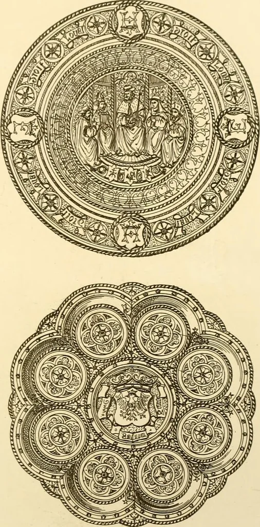 An illustration from Ornaments of the XVth and XVIth centuries. Ancient timber houses at Rouen, Caen, Bauvais, &c., Gothic furniture of the XVth century. Designs for gold & silver ornaments, and designs for iron & brass-work in the style of the XVth & XVIth centuries, 1836, leaf 120