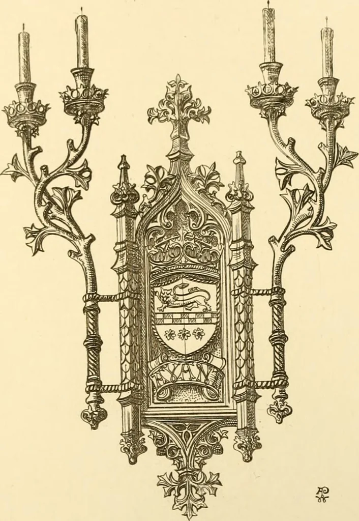 An illustration from Ornaments of the XVth and XVIth centuries. Ancient timber houses at Rouen, Caen, Bauvais, &c., Gothic furniture of the XVth century. Designs for gold & silver ornaments, and designs for iron & brass-work in the style of the XVth & XVIth centuries, 1836, leaf 124