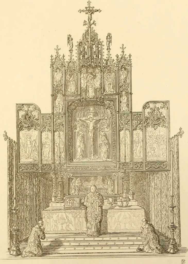 An illustration from Ornaments of the XVth and XVIth centuries. Ancient timber houses at Rouen, Caen, Bauvais, &c., Gothic furniture of the XVth century. Designs for gold & silver ornaments, and designs for iron & brass-work in the style of the XVth & XVIth centuries, 1836, leaf 130