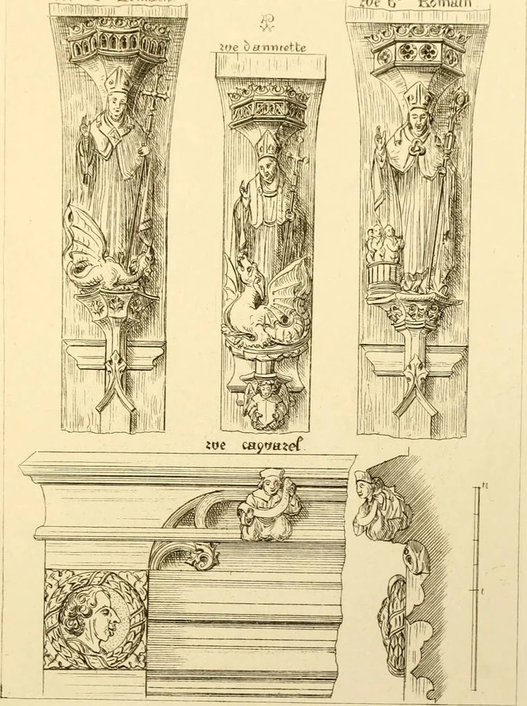 An illustration from Ornaments of the XVth and XVIth centuries. Ancient timber houses at Rouen, Caen, Bauvais, &c., Gothic furniture of the XVth century. Designs for gold & silver ornaments, and designs for iron & brass-work in the style of the XVth & XVIth centuries, 1836, leaf 14
