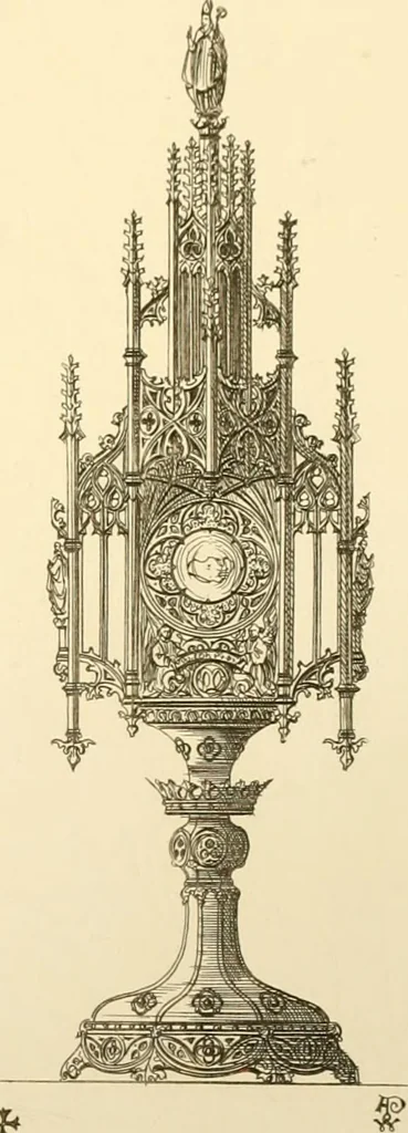 An illustration from Ornaments of the XVth and XVIth centuries. Ancient timber houses at Rouen, Caen, Bauvais, &c., Gothic furniture of the XVth century. Designs for gold & silver ornaments, and designs for iron & brass-work in the style of the XVth & XVIth centuries, 1836, leaf 140