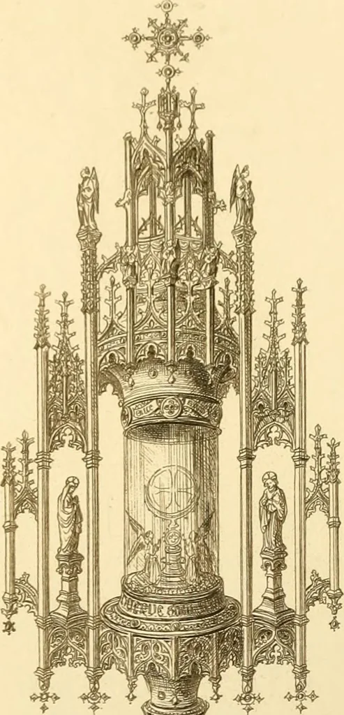 An illustration from Ornaments of the XVth and XVIth centuries. Ancient timber houses at Rouen, Caen, Bauvais, &c., Gothic furniture of the XVth century. Designs for gold & silver ornaments, and designs for iron & brass-work in the style of the XVth & XVIth centuries, 1836, leaf 142