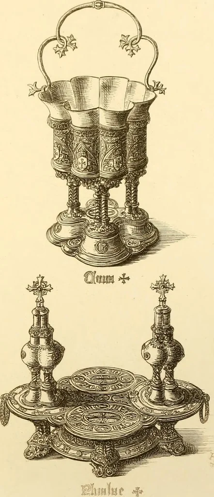 An illustration from Ornaments of the XVth and XVIth centuries. Ancient timber houses at Rouen, Caen, Bauvais, &c., Gothic furniture of the XVth century. Designs for gold & silver ornaments, and designs for iron & brass-work in the style of the XVth & XVIth centuries, 1836, leaf 144