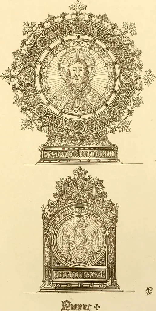 An illustration from Ornaments of the XVth and XVIth centuries. Ancient timber houses at Rouen, Caen, Bauvais, &c., Gothic furniture of the XVth century. Designs for gold & silver ornaments, and designs for iron & brass-work in the style of the XVth & XVIth centuries, 1836, leaf 148