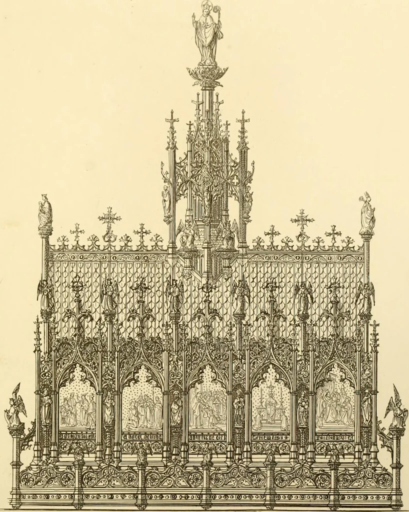 An illustration from Ornaments of the XVth and XVIth centuries. Ancient timber houses at Rouen, Caen, Bauvais, &c., Gothic furniture of the XVth century. Designs for gold & silver ornaments, and designs for iron & brass-work in the style of the XVth & XVIth centuries, 1836, leaf 150