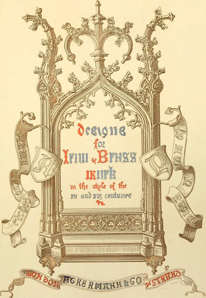An illustration from Ornaments of the XVth and XVIth centuries. Ancient timber houses at Rouen, Caen, Bauvais, &c., Gothic furniture of the XVth century. Designs for gold & silver ornaments, and designs for iron & brass-work in the style of the XVth & XVIth centuries, 1836, leaf 156