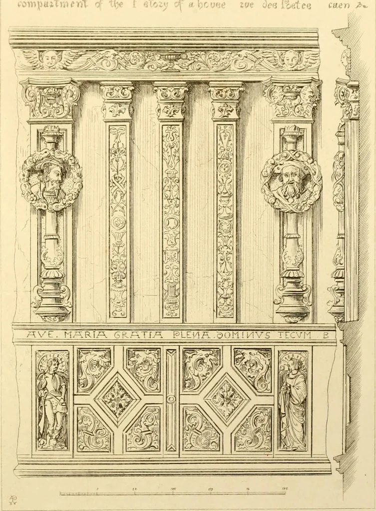 An illustration from Ornaments of the XVth and XVIth centuries. Ancient timber houses at Rouen, Caen, Bauvais, &c., Gothic furniture of the XVth century. Designs for gold & silver ornaments, and designs for iron & brass-work in the style of the XVth & XVIth centuries, 1836, leaf 16