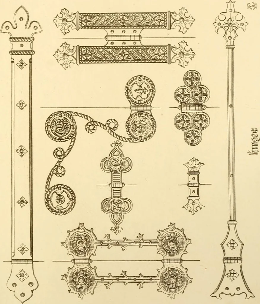 An illustration from Ornaments of the XVth and XVIth centuries. Ancient timber houses at Rouen, Caen, Bauvais, &c., Gothic furniture of the XVth century. Designs for gold & silver ornaments, and designs for iron & brass-work in the style of the XVth & XVIth centuries, 1836, leaf 162