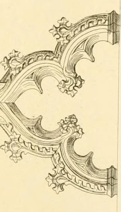 An illustration from Ornaments of the XVth and XVIth centuries. Ancient timber houses at Rouen, Caen, Bauvais, &c., Gothic furniture of the XVth century. Designs for gold & silver ornaments, and designs for iron & brass-work in the style of the XVth & XVIth centuries, 1836, leaf 166