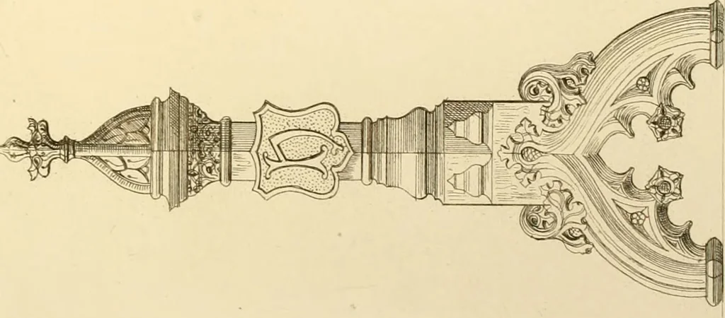 An illustration from Ornaments of the XVth and XVIth centuries. Ancient timber houses at Rouen, Caen, Bauvais, &c., Gothic furniture of the XVth century. Designs for gold & silver ornaments, and designs for iron & brass-work in the style of the XVth & XVIth centuries, 1836, leaf 166