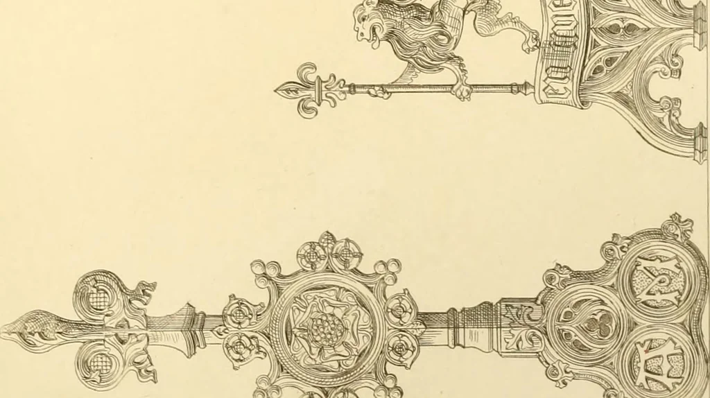 An illustration from Ornaments of the XVth and XVIth centuries. Ancient timber houses at Rouen, Caen, Bauvais, &c., Gothic furniture of the XVth century. Designs for gold & silver ornaments, and designs for iron & brass-work in the style of the XVth & XVIth centuries, 1836, leaf 168