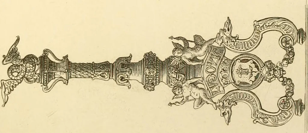 An illustration from Ornaments of the XVth and XVIth centuries. Ancient timber houses at Rouen, Caen, Bauvais, &c., Gothic furniture of the XVth century. Designs for gold & silver ornaments, and designs for iron & brass-work in the style of the XVth & XVIth centuries, 1836, leaf 170
