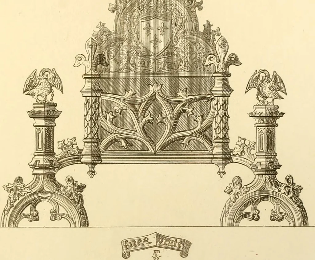 An illustration from Ornaments of the XVth and XVIth centuries. Ancient timber houses at Rouen, Caen, Bauvais, &c., Gothic furniture of the XVth century. Designs for gold & silver ornaments, and designs for iron & brass-work in the style of the XVth & XVIth centuries, 1836, leaf 172