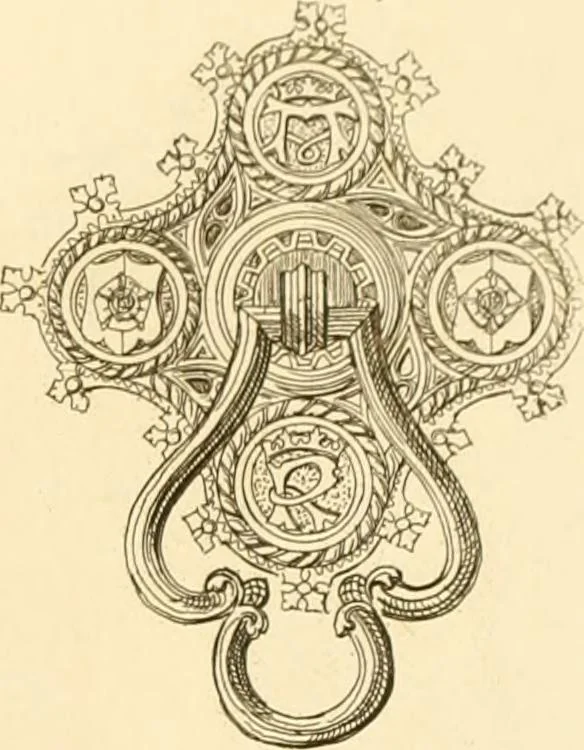 An illustration from Ornaments of the XVth and XVIth centuries. Ancient timber houses at Rouen, Caen, Bauvais, &c., Gothic furniture of the XVth century. Designs for gold & silver ornaments, and designs for iron & brass-work in the style of the XVth & XVIth centuries, 1836, leaf 174