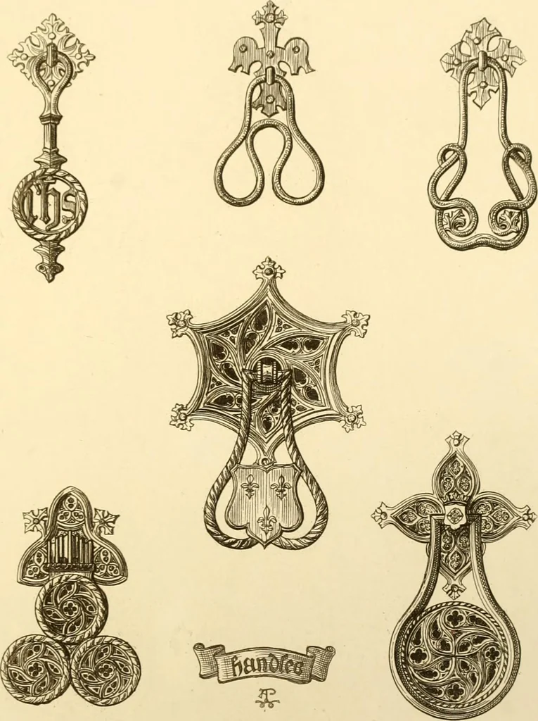 An illustration from Ornaments of the XVth and XVIth centuries. Ancient timber houses at Rouen, Caen, Bauvais, &c., Gothic furniture of the XVth century. Designs for gold & silver ornaments, and designs for iron & brass-work in the style of the XVth & XVIth centuries, 1836, leaf 176
