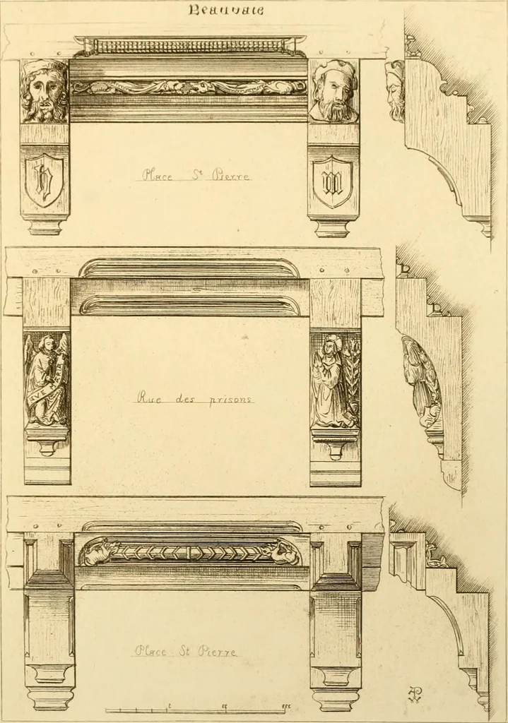 An illustration from Ornaments of the XVth and XVIth centuries. Ancient timber houses at Rouen, Caen, Bauvais, &c., Gothic furniture of the XVth century. Designs for gold & silver ornaments, and designs for iron & brass-work in the style of the XVth & XVIth centuries, 1836, leaf 18