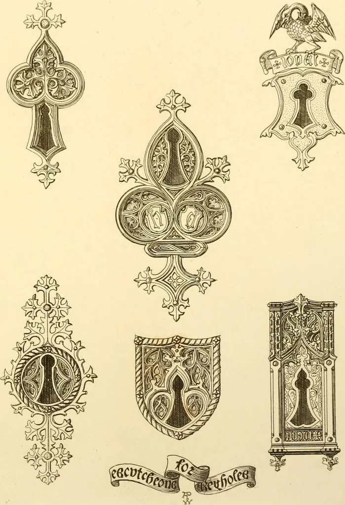 An illustration from Ornaments of the XVth and XVIth centuries. Ancient timber houses at Rouen, Caen, Bauvais, &c., Gothic furniture of the XVth century. Designs for gold & silver ornaments, and designs for iron & brass-work in the style of the XVth & XVIth centuries, 1836, leaf 180