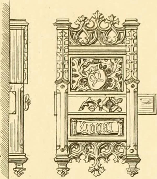 An illustration from Ornaments of the XVth and XVIth centuries. Ancient timber houses at Rouen, Caen, Bauvais, &c., Gothic furniture of the XVth century. Designs for gold & silver ornaments, and designs for iron & brass-work in the style of the XVth & XVIth centuries, 1836, leaf 182