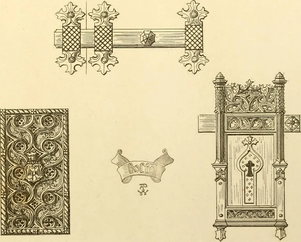 An illustration from Ornaments of the XVth and XVIth centuries. Ancient timber houses at Rouen, Caen, Bauvais, &c., Gothic furniture of the XVth century. Designs for gold & silver ornaments, and designs for iron & brass-work in the style of the XVth & XVIth centuries, 1836, leaf 182