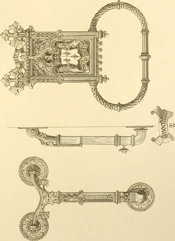 An illustration from Ornaments of the XVth and XVIth centuries. Ancient timber houses at Rouen, Caen, Bauvais, &c., Gothic furniture of the XVth century. Designs for gold & silver ornaments, and designs for iron & brass-work in the style of the XVth & XVIth centuries, 1836, leaf 184