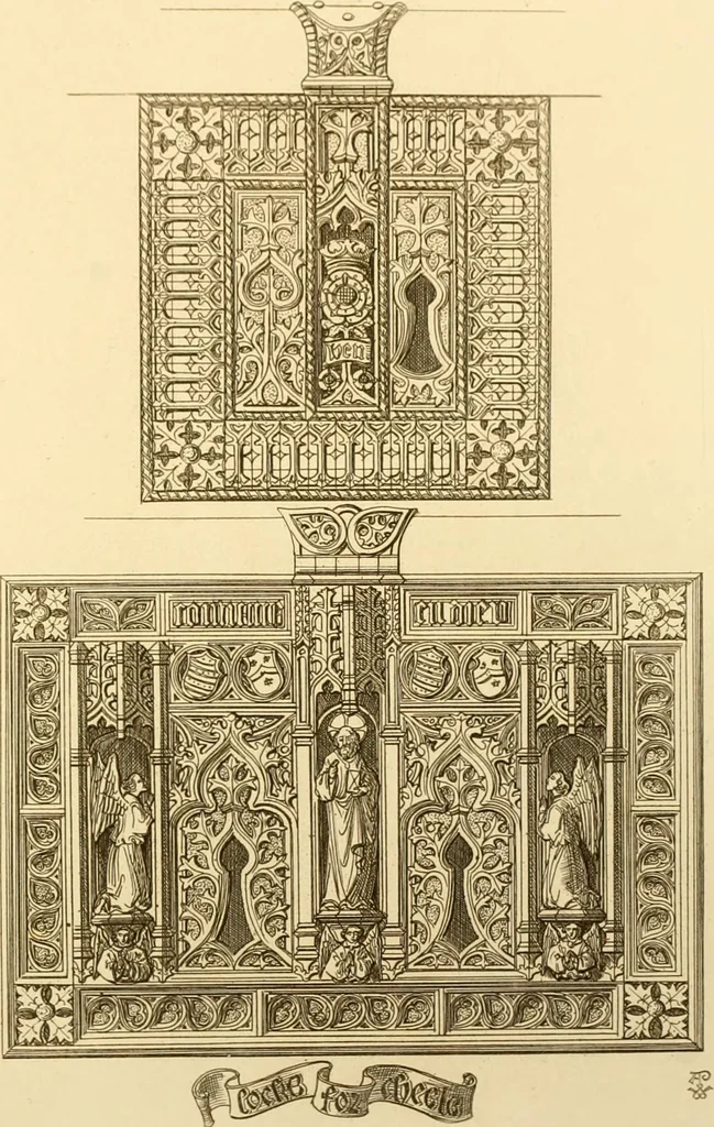 An illustration from Ornaments of the XVth and XVIth centuries. Ancient timber houses at Rouen, Caen, Bauvais, &c., Gothic furniture of the XVth century. Designs for gold & silver ornaments, and designs for iron & brass-work in the style of the XVth & XVIth centuries, 1836, leaf 186